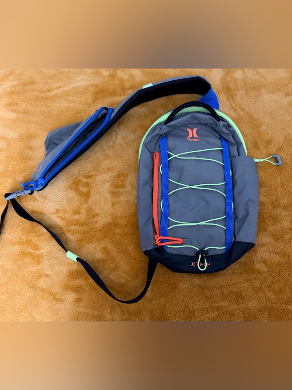 Hurley Gray Sling Bag with Blue & Lime Accents